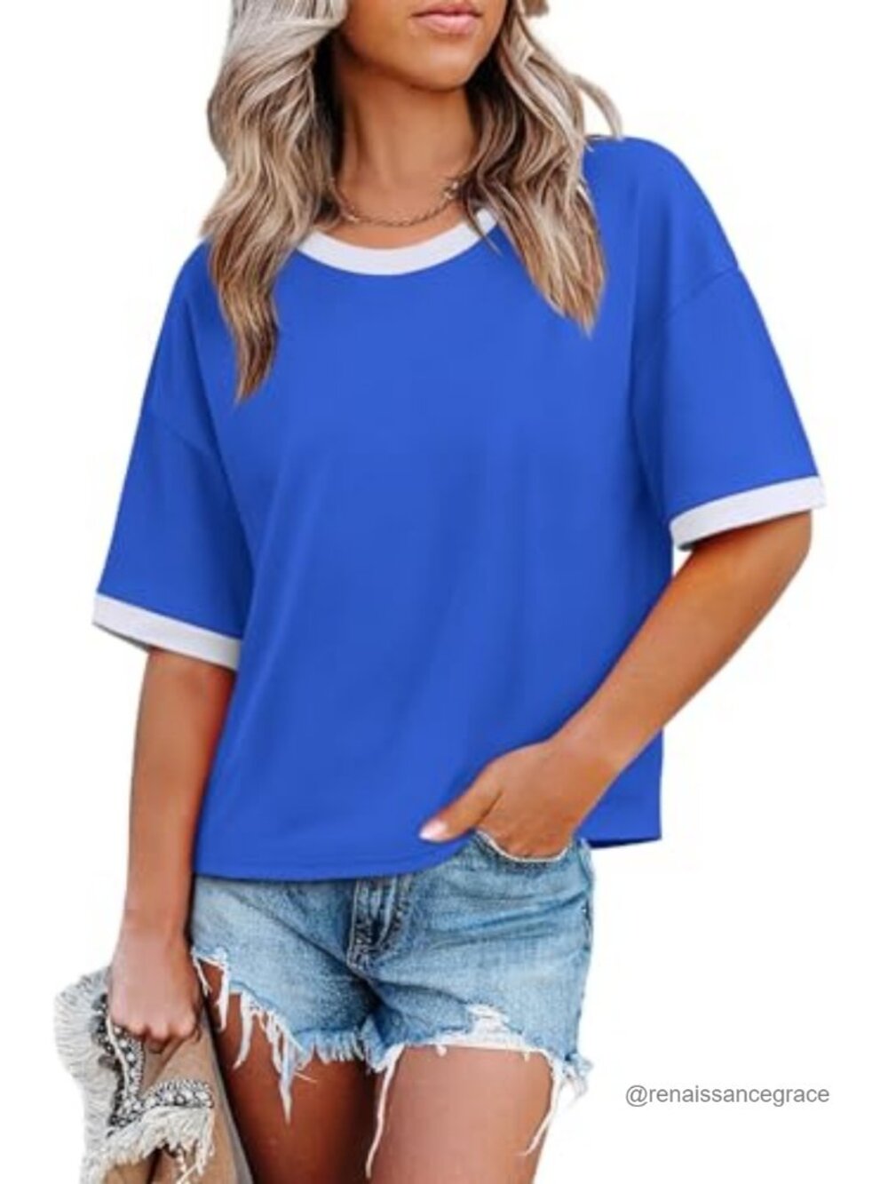 Womens Oversized T Shirt Half Sleeve Crew Neck Color Block Summer Top